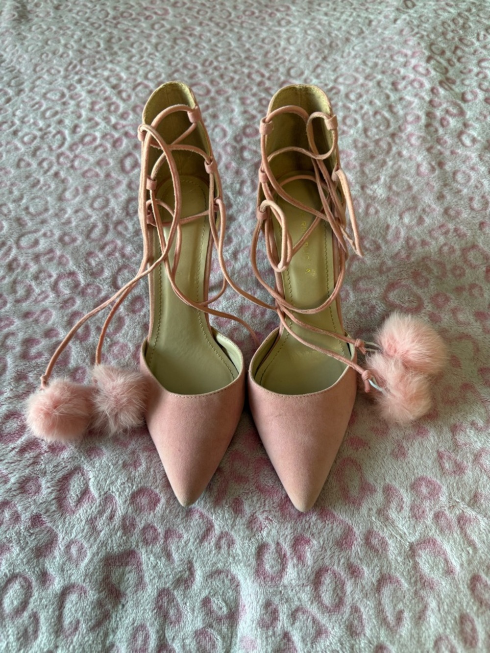 Shoe Republic LA Pink Lace-Up Pointed Toe Heels with Pom Pom Accents